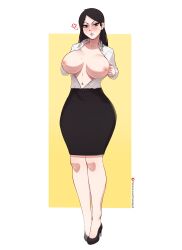 Rule 34 | 1girl, absurdres, angry, blue lips, breasts, commission, flashing, fraankyy, full body, high heels, highres, large breasts, looking at viewer, mature female, mole, mole on breast, nipples, office lady, original, pencil skirt, shirt, skirt, solo, standing, thick thighs, thighs, wide hips