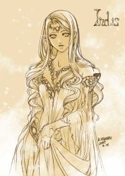 Rule 34 | 1girl, breasts, character name, cleavage, dated, dress, earrings, indis (silmarillion), jewelry, kazuki-mendou, tolkien&#039;s legendarium, long hair, long sleeves, looking at viewer, monochrome, one-hour drawing challenge, signature, smile, solo, the silmarillion, yellow theme
