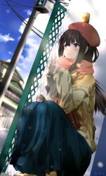 Rule 34 | 1girl, absurdres, alternate costume, beret, black hair, black skirt, blue sky, blurry, blurry background, building, can, capelet, casual, closed mouth, cloud, day, depth of field, expressionless, green shirt, hands up, hat, highres, inoue takina, light particles, long hair, long skirt, long sleeves, lycoris recoil, object on head, orange scarf, outdoors, power lines, purple eyes, red headwear, road sign, scarf, sengoku chidori, shirt, shoes, sidelocks, sign, signature, skirt, sky, solo, squatting, traffic light, yellow capelet, yellow footwear