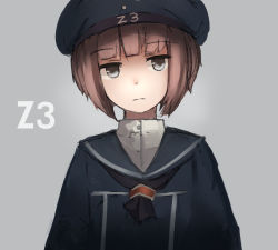 Rule 34 | 10s, 1girl, bad id, bad pixiv id, blunt bangs, brown eyes, brown hair, dress, flat chest, grey background, hat, head tilt, kantai collection, kriegsmarine, looking at viewer, matching hair/eyes, military, military hat, military uniform, peaked cap, portrait, sailor collar, sailor dress, sailor hat, short hair, simple background, solo, uniform, yubari lemon, z3 max schultz (kancolle)