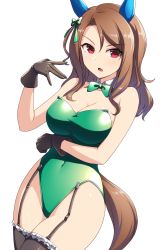 Rule 34 | 1girl, animal ears, black gloves, blue thighhighs, bow, bowtie, breasts, brown hair, cleavage, commentary request, cowboy shot, detached collar, ear covers, frilled thighhighs, frills, garter straps, gloves, green leotard, hair bow, highres, horse ears, horse girl, horse tail, king halo (umamusume), leotard, long hair, looking at viewer, nontraditional playboy bunny, open mouth, pataneet, playboy bunny, red eyes, simple background, solo, standing, strapless, strapless leotard, tail, thighhighs, umamusume, white background