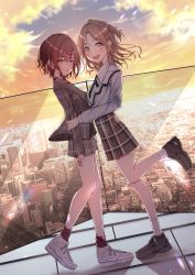Rule 34 | 2girls, absurdres, blush, brown hair, city, cityscape, dutch angle, full body, highres, higuchi madoka, ichikawa hinana, idolmaster, idolmaster shiny colors, jacket, kunimine yuzuki, light brown hair, looking at viewer, looking to the side, multiple girls, nike (company), nike air force 1, one side up, plaid, plaid jacket, plaid skirt, rooftop, shoes, skirt, smile, sneakers, standing, standing on one leg, sunset, yuri