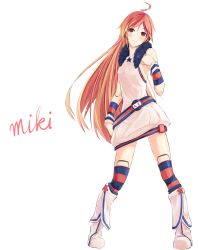 Rule 34 | 1girl, absurdres, ahoge, android, belt, blush, boots, dress, female focus, full body, gloves, headphones, highres, joints, kneehighs, long hair, multicolored clothes, multicolored legwear, patterned legwear, red eyes, red hair, robot joints, sf-a2 miki, smile, socks, solo, standing, star (symbol), striped clothes, striped gloves, striped socks, takanashie, transparent background, two-tone stripes, vocaloid, wrist cuffs