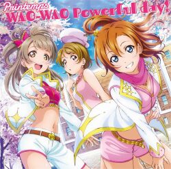 Rule 34 | 3girls, :d, album cover, asymmetrical shorts, belt, blue eyes, bow, breasts, brown belt, brown hair, cherry blossoms, cleavage, cover, crop top, day, dutch angle, floating hair, grin, hair bow, hat, index finger raised, jacket, koizumi hanayo, kousaka honoka, large breasts, long hair, looking at viewer, love live!, love live! school idol festival, love live! school idol project, medium breasts, medium hair, midriff, minami kotori, multiple girls, navel, official art, one side up, open clothes, open jacket, open mouth, outdoors, pink eyes, pink scarf, pink shorts, png conversion, printemps (love live!), red bow, scarf, school, shirt, short hair, short shorts, shorts, sleeveless, sleeveless shirt, smile, stomach, third-party source, tree, v, white headwear, white jacket, white shorts, yellow belt, yellow eyes