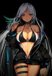 Rule 34 | 1girl, azur lane, bare shoulders, belt, bikini, bikini top only, bikini under clothes, black hair, black jacket, bodypaint, breasts, brown eyes, choker, cleavage, collarbone, cowboy shot, dark-skinned female, dark skin, facepaint, grey hair, grey nails, hand up, highres, jacket, jewelry, large breasts, long hair, long sleeves, looking at viewer, massachusetts (azur lane), multicolored hair, nail polish, narue, native american, navel, necklace, open clothes, open mouth, partially unzipped, red eyes, skindentation, solo, stomach, swimsuit, swimsuit under clothes, tan, tattoo, thigh strap, thighs, toned, zipper