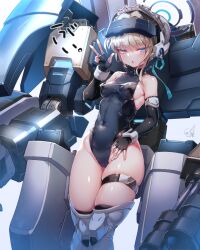 Rule 34 | 1girl, bare shoulders, black gloves, black thighhighs, blonde hair, blue archive, blue eyes, breasts, cameltoe, commentary request, covered navel, doyouwantto, elbow gloves, fingerless gloves, gloves, halo, hat, leotard, looking at viewer, mecha, medium breasts, mob cap, open mouth, partial commentary, robot, sideboob, solo, thighhighs, toki (blue archive), w
