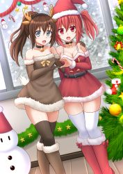 Rule 34 | 2girls, :d, animal ears, bell, belt, black legwear, blue eyes, boots, breasts, brown dress, brown footwear, brown gloves, brown hair, choker, christmas ornaments, christmas tree, cleavage, collar, commentary, commission, detached sleeves, dress, dutch angle, elbow gloves, fake animal ears, fake antlers, fang, fur-trimmed boots, fur-trimmed gloves, fur trim, gloves, hairband, hat, heart, heart hands, heart hands duo, highres, indoors, kazenokaze, knee boots, looking at viewer, medium breasts, multiple girls, neck bell, open mouth, original, ponytail, red dress, red eyes, red footwear, red gloves, red hair, santa boots, santa costume, santa hat, short dress, skindentation, smile, snowing, snowman, strapless, strapless dress, thighhighs, thighs, twintails, white legwear, window, wooden floor, zettai ryouiki