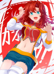 Rule 34 | 1girl, absurdres, bare shoulders, blue eyes, breasts, claw pose, cropped jacket, cropped shirt, denim, denim shorts, festenia muse, ginga no kou, highres, large breasts, long hair, looking at viewer, open mouth, red hair, shorts, solo, super robot wars, super robot wars judgement, super robot wars og moon dwellers, super robot wars original generation