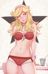 Rule 34 | 10s, 1girl, bare shoulders, blonde hair, blush, breasts, choker, cleavage, cowboy shot, cup, female focus, gluteal fold, gradient background, hairband, honey (space dandy), lips, long hair, looking to the side, navel, red eyes, smile, solo, space dandy, standing, swimsuit, tsuaii, wavy hair