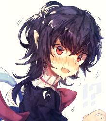 Rule 34 | 1girl, :d, asymmetrical hair, asymmetrical wings, bad id, bad pixiv id, black hair, blush, bow, bowtie, fangs, from side, full-face blush, highres, houjuu nue, long hair, looking at viewer, looking to the side, messy hair, nose blush, open mouth, pointy ears, red bow, red bowtie, red eyes, smile, solo, suminagashi, sweat, touhou, trembling, upper body, white background, wings