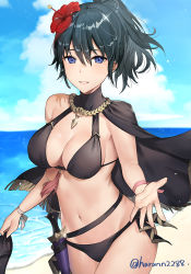 Rule 34 | 1girl, alternate costume, beach, bikini, black bikini, blue eyes, blue hair, blue sky, breasts, byleth (female) (fire emblem), byleth (female) (summer) (fire emblem), byleth (fire emblem), capelet, cleavage, dagger, fire emblem, fire emblem: three houses, flower, hair flower, hair ornament, haru (nakajou-28), highres, knife, large breasts, looking at viewer, navel, nintendo, ocean, official alternate costume, outstretched hand, ponytail, reaching, reaching towards viewer, sheath, sky, smile, swimsuit, weapon