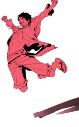Rule 34 | 1boy, abs, feet, full body, hat, unworn hat, unworn headwear, jumping, male focus, mocchiri oyaji, monkey d. luffy, monochrome, one piece, open clothes, open shirt, red theme, sandals, sash, scar, shirt, simple background, smile, solo, source, stampede string, straw hat, toes, white background