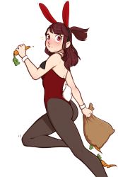 Rule 34 | 1girl, absurdres, animal costume, animal ears, ass, black pantyhose, blush, brown hair, carrot, detached collar, eating, fake animal ears, food, food on face, half updo, highres, kagari atsuko, leotard, little witch academia, looking at viewer, necktie, pantyhose, playboy bunny, pudgeruffian, rabbit ears, red eyes, sack, side ponytail, solo, thighs, white background, wrist cuffs