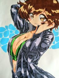 Rule 34 | 10s, 1girl, akiyama yukari, arm behind head, black bodysuit, blush stickers, bodysuit, bra, breasts, brown eyes, brown hair, camouflage, camouflage bra, cleavage, closed mouth, commentary, fanta (the banana pistols), girls und panzer, green bra, hands in hair, highres, long sleeves, looking at viewer, medium breasts, messy hair, navel, short hair, smile, solo, standing, traditional media, underwear, unzipped, upper body, zipper, zipper pull tab