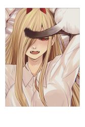 Rule 34 | 1girl, blonde hair, border, cat, chainsaw man, collared shirt, fangs, from above, hair over one eye, half-closed eyes, hand up, highres, horns, hoshi san 3, long hair, lying, meowy (chainsaw man), on back, one eye covered, open mouth, power (chainsaw man), red eyes, shirt, solo, white border, white shirt, wing collar