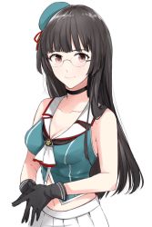 Rule 34 | 10s, 1girl, beret, black gloves, black hair, breasts, choukai (kancolle), cleavage, commentary, glasses, gloves, hat, kantai collection, long hair, looking at viewer, midriff, morinaga miki, navel, red eyes, remodel (kantai collection), shirt, sleeveless, sleeveless shirt, upper body
