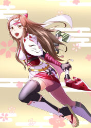 1girl asymmetrical_legwear axe battle_axe brown_eyes brown_hair dual_wielding fingerless_gloves fire_emblem fire_emblem_fates fire_emblem_heroes fox_mask gloves hana_(fire_emblem) hana_(ninja)_(fire_emblem) headband highres holding holding_axe japanese_clothes long_hair looking_at_viewer mask mask_on_shoulder mouth_mask ninja ninja_mask nintendo official_alternate_costume shin_guards shuriken sidelocks sukkirito_(rangusan) uneven_legwear weapon