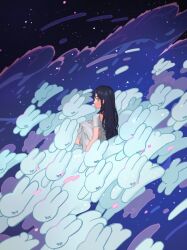 Rule 34 | 1girl, absurdres, black hair, blue eyes, closed mouth, commentary, dress, english commentary, full body, highres, long hair, looking back, mixed-language commentary, myango (applemangocrape), original, profile, rabbit, short sleeves, solo, space, star (symbol), starry background, white dress