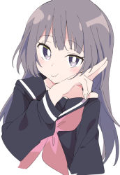 Rule 34 | 1girl, black serafuku, blush, commentary request, copyright request, grey eyes, grey hair, ixy, long hair, long sleeves, looking at viewer, pink neckwear, school uniform, serafuku, simple background, smile, solo, white background