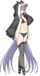 Rule 34 | 1girl, absurdly long hair, animal costume, armored legwear, bikini, black bikini, black hair, black jacket, blue eyes, breasts, collarbone, fate/grand order, fate (series), jacket, long hair, looking at viewer, medium breasts, meltryllis, meltryllis (fate), meltryllis (swimsuit lancer) (fate), meltryllis (swimsuit lancer) (first ascension) (fate), open clothes, open jacket, penguin costume, purple hair, shiseki hirame, simple background, sleeves past fingers, sleeves past wrists, smile, solo, split mouth, swimsuit, very long hair, white background, white jacket