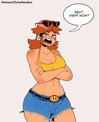 Rule 34 | 1girl, body blush, body freckles, breasts, brown hair, cleavage, crossed arms, denim, denim shorts, earrings, freckles, highres, hip bones, jewelry, large breasts, mario (series), midriff, navel, nintendo, princess daisy, shorts, sunglasses on head, super mario land, thegreyzen, thick thighs, thighs