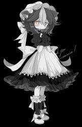Rule 34 | 1girl, animal ears, black background, black dress, black gloves, black sleeves, blush stickers, cat ears, colored skin, commission, dress, frilled dress, frilled sleeves, frilled socks, frills, full body, gloves, grey hair, highres, meyou 0319, multicolored hair, original, pink eyes, puffy sleeves, socks, solo, standing, two-tone hair, white dress, white footwear, white hair, white skin