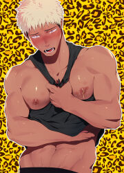 Rule 34 | 1boy, bara, black tank top, blonde hair, blush, crying, crying with eyes open, haiki (tegusu), highres, large pectorals, male focus, male lactation, muscular, muscular male, navel, nipples, open mouth, original, pectorals, short hair, simple background, solo, tank top, tears, upper body