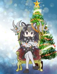 Rule 34 | 10s, 1girl, animal ears, antlers, armchair, black eyes, black scarf, black skirt, blurry, bokeh, chair, christmas, christmas lights, christmas ornaments, christmas tree, commentary, crossed arms, crossed legs, depth of field, grey pantyhose, horns, jewelry, kemono friends, long sleeves, moose (kemono friends), moose ears, moose tail, necklace, open mouth, pantyhose, pleated skirt, scarf, sitting, skirt, smile, snowflake print, solo, star (symbol), tail
