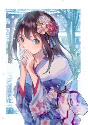 Rule 34 | 1girl, bad id, bad pixiv id, bare tree, black hair, blue eyes, breath, commentary request, covering own mouth, earrings, flower, fur collar, grey kimono, hair flower, hair ornament, hands up, idolmaster, idolmaster cinderella girls, japanese clothes, jewelry, kimono, long hair, long sleeves, looking at viewer, obi, pink flower, roki (0214278), sash, shibuya rin, sidelocks, snowing, solo, tassel, torii, tree, upper body, white flower, wide sleeves, winter