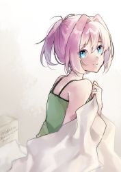 Rule 34 | 1girl, bare shoulders, blue eyes, camisole, commentary request, green camisole, highres, kantai collection, looking at viewer, one-hour drawing challenge, pink hair, ponytail, shiranui (kancolle), short hair, smile, solo, u yuz xx, upper body