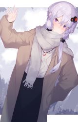 Rule 34 | 1girl, black skirt, blush, brown coat, coat, commentary, cowboy shot, dutch angle, grey scarf, hair ornament, hand in pocket, hand up, jewelry, looking at viewer, necklace, plant, purple eyes, purple hair, ring, ring necklace, scarf, shirt, sidelocks, skirt, solo, vocaloid, voiceroid, white shirt, yuzuki yukari, zoruboi