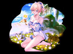 Rule 34 | 2girls, absurdres, bare shoulders, barefoot, beach, besmiled, black background, blonde hair, blouse, blue bow, blue eyes, blue shirt, blue sky, blush, bow, breasts, casual, chain, cleavage, cloud, cloudy sky, crossed arms, dandelion, artistic error, explosion, feet, flower, frilled sleeves, frills, full body, genshin impact, grass, hair bow, half-closed eyes, hands on own breasts, highres, jean (genshin impact), jean (sea breeze dandelion) (genshin impact), klee (genshin impact), medium breasts, multiple girls, nail polish, open mouth, outdoors, rose, shirt, shorts, simple background, sky, slime (genshin impact), strapless, toenail polish, toenails, toes, tree, white shorts, wrong foot