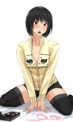 Rule 34 | 1girl, absurdres, amagami, arm support, black hair, black shorts, black thighhighs, blush, box, box of chocolates, breasts, cardigan, chocolate, cleavage, commentary, heart, highres, leaning forward, light smile, looking at viewer, medium breasts, mouth hold, nanasaki ai, open cardigan, open clothes, partially unzipped, pink ribbon, popped collar, raised eyebrows, ribbon, short hair, shorts, sitting, solo, thighhighs, v arms, valentine, wariza, white background, yellow cardigan, yoo tenchi, zettai ryouiki, zipper, zipper pull tab