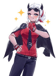 1girl belt black_capelet black_necktie black_pants breasts capelet commentary eyewear_on_head grey_eyes hand_on_own_hip helltaker horns justice_(helltaker) kamaniki large_breasts looking_at_viewer necktie pants red_shirt shirt simple_background smile solo sparkle standing sunglasses white_background white_hair