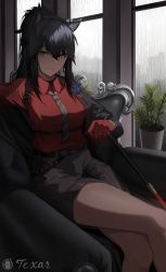 Rule 34 | 1girl, animal ears, arknights, armchair, bad id, bad pixiv id, belt, black hair, blouse, cero (last2stage), chair, character name, crossed legs, earrings, formal, gloves, hair between eyes, highres, jacket, jewelry, long hair, looking at viewer, necktie, official alternate costume, plant, ponytail, potted plant, rain, red gloves, red shirt, shirt, sitting, solo, suit, texas (arknights), texas (willpower) (arknights), yellow eyes