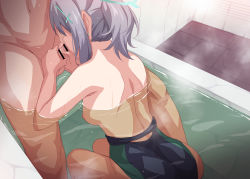 Rule 34 | 1boy, 1girl, ass, back, bar censor, bathroom, bathtub, blue archive, breasts, censored, clothed female nude male, competition swimsuit, erection, fellatio, from behind, grey hair, hair ornament, hairclip, head out of frame, hetero, indoors, marugoshi (54burger), medium breasts, mixed-sex bathing, nipples, nude, one-piece swimsuit, oral, partially submerged, penis, shared bathing, shiroko (blue archive), shiroko (swimsuit) (blue archive), sitting, solo focus, steam, swimsuit, water, wet