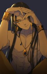 Rule 34 | 1boy, abs, black hair, bracelet, earrings, hands up, highres, jewelry, jyaco7777, lanxi zhen, long hair, looking at viewer, male focus, muscular, muscular male, naga (the legend of luoxiaohei), necklace, nipples, smile, solo, luo xiaohei zhanji, topless male, yellow eyes