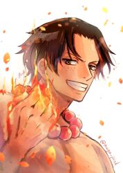 Rule 34 | 1boy, black hair, clenched hand, close-up, commentary, embers, fire, freckles, highres, jewelry, looking at viewer, magu pink, male focus, necklace, no headwear, one piece, pearl necklace, portgas d. ace, short hair, smile, solo, teeth, topless male, twitter username, upper body