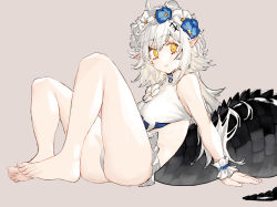 Rule 34 | 1girl, absurdres, arknights, arm support, bare legs, barefoot, bikini, blue flower, bright pupils, commentary, crocodilian tail, flower, grey background, hair flower, hair ornament, highres, large tail, long hair, looking at viewer, official alternate costume, parted lips, pointy ears, renxzd, simple background, sitting, solo, swimsuit, tail, thighs, toes, tomimi (arknights), white bikini, white flower, white hair, white pupils, wrist cuffs, yellow eyes
