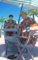Rule 34 | 2boys, abs, ao isami, beach, black hair, blonde hair, blurry, cocktail glass, cup, day, depth of field, drinking glass, facial hair, hawaiian shirt, highres, jup84973, lewis smith, looking at viewer, male focus, multiple boys, official alternate costume, official style, on chair, pants, sand, shirt, sideburns stubble, sitting, stubble, sunlight, thick eyebrows, thumbs up, toned, toned male, yuuki bakuhatsu bang bravern