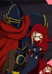 Rule 34 | 1boy, 1girl, ainz ooal gown, armor, black armor, black dress, black gloves, black pantyhose, blonde hair, blush, cape, carrying, chibi, cloak, dress, evileye (overlord), from above, full armor, gem, gloves, gobanme no mayoi neko, heart, helmet, highres, hood, hooded cape, hooded cloak, imagining, jewelry, long hair, mask, momon (overlord), night, overlord (maruyama), pantyhose, pink background, princess carry, red cape, red gemstone, scarf, simple background, standing, torn clothes