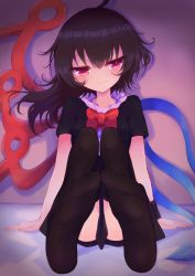 Rule 34 | 1girl, arms at sides, asymmetrical wings, black dress, black hair, black thighhighs, blue wings, blush, bow, bowtie, breasts, buttons, center frills, closed mouth, commentary, dress, eyes visible through hair, feet, frilled dress, frills, full body, hair between eyes, highres, houjuu nue, looking at viewer, medium hair, no shoes, red bow, red bowtie, red eyes, red wings, short dress, short sleeves, sitting, small breasts, smile, soles, solo, thighhighs, tomoe (fdhs5855), touhou, wings, wristband