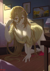 Rule 34 | 1girl, all fours, bare shoulders, bed, bedroom, blonde hair, breasts, cleavage, collarbone, commission, hair between eyes, hand up, highres, large breasts, long hair, looking at viewer, nev (nevblindarts), off shoulder, original, shirt, solo, thighs, very long hair, yellow eyes, yellow shirt