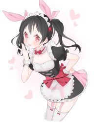Rule 34 | 10s, 1girl, artist name, bad id, bad twitter id, black hair, blush, bow, breasts, cleavage, cleavage cutout, clothing cutout, long hair, love live!, love live! school idol project, maid, maid headdress, marin (myuy 3), mogyutto &quot;love&quot; de sekkin chuu!, puffy short sleeves, puffy sleeves, red eyes, short sleeves, small breasts, smile, solo, thighhighs, twintails, yazawa nico