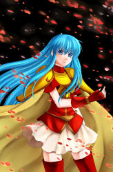 Rule 34 | 1girl, 74, armor, armored dress, black background, blue eyes, blue hair, boots, cape, clothes lift, eirika (fire emblem), fingerless gloves, fire emblem, fire emblem: the sacred stones, gloves, long hair, nintendo, petals, red gloves, red thighhighs, rose petals, simple background, skirt, skirt lift, solo, thigh boots, thighhighs, very long hair, white skirt, zettai ryouiki