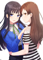 Rule 34 | 2girls, absurdres, arjent, black hair, blue eyes, blue shirt, blush, brown eyes, brown hair, closed mouth, hair intakes, hands on another&#039;s shoulders, hands on own hips, highres, idolmaster, idolmaster million live!, kitazawa shiho, long hair, mogami shizuka, multiple girls, open mouth, profile, shirt, simple background, standing, striped clothes, striped shirt, upper body, white background