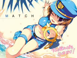 Rule 34 | 1girl, beach, brown eyes, brown hair, cuffs, handcuffs, hat, highres, match (drink), midriff, navel, necktie, open mouth, police, police uniform, policewoman, product girl, product placement, short hair, shorts, smile, solo, tatami to hinoki, thigh strap, translated, uniform, wallpaper, wink