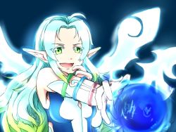 Rule 34 | 1girl, ahoge, aqua hair, bare shoulders, blue background, bracelet, breasts, detached sleeves, dress, gradient background, green eyes, jewelry, long hair, magic, multicolored hair, muzet (tales), open mouth, pointy ears, solo, tales of (series), tales of xillia, wings