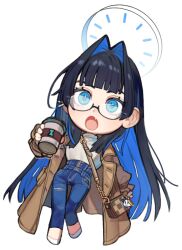 Rule 34 | 1girl, bag, blue eyes, blue hair, blunt bangs, chibi, coffee cup, cup, disposable cup, eus ing, fang, full body, glasses, halo, handbag, holding, holding cup, hololive, hololive english, long hair, looking at viewer, official alternate costume, official alternate hair length, official alternate hairstyle, open mouth, ouro kronii, ouro kronii (casual), simple background, skin fang, solo, tongue, very long hair, virtual youtuber, white background