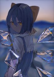 Rule 34 | 1girl, 38 (sanjuuhachi), :/, alternate eye color, blouse, blue dress, blue hair, bow, character name, cirno, closed mouth, commentary, dress, eyebrows hidden by hair, from side, hair between eyes, hair bow, highres, ice, ice wings, looking at viewer, looking to the side, medium hair, pinafore dress, shirt, short sleeves, sleeveless dress, solo, touhou, upper body, white shirt, wings, yellow bow, yellow eyes